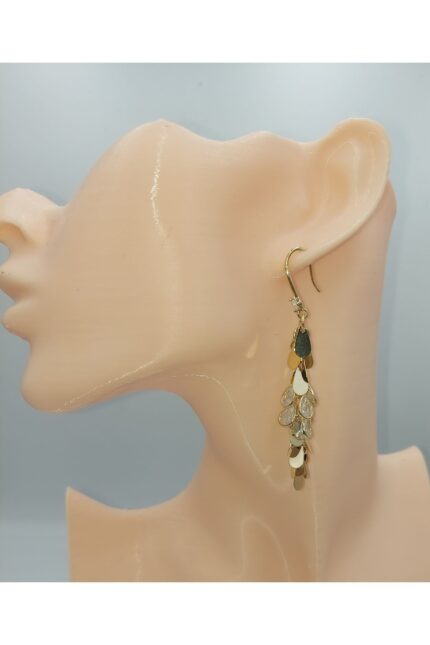 Altın Renk Taşlı Sallantılı Gümüş İğne Küpe