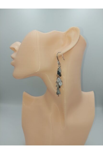 Gümüş Renk Taşlı Sallantılı Gümüş İğne Küpe